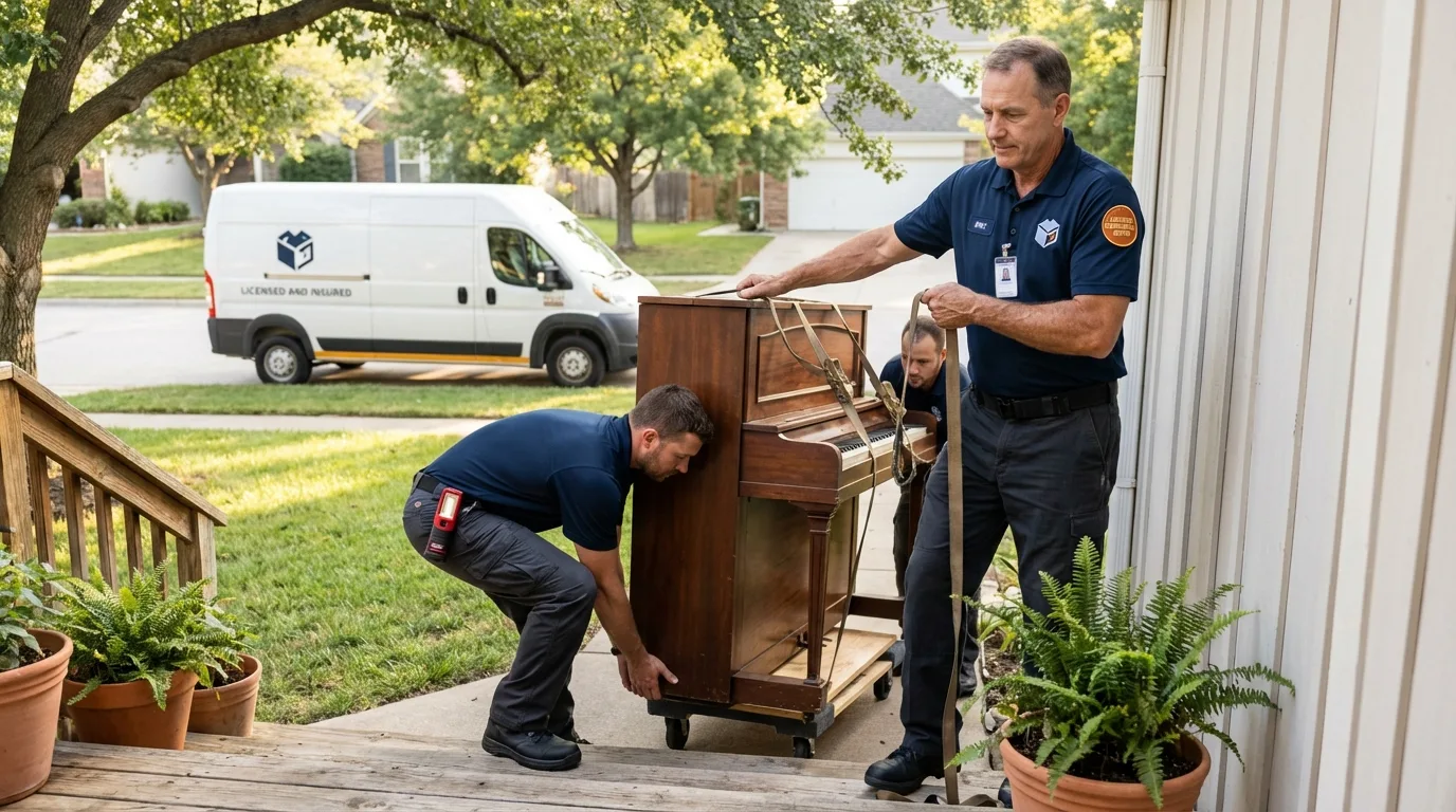 Licensed piano movers securing grand piano in Vernon, TX