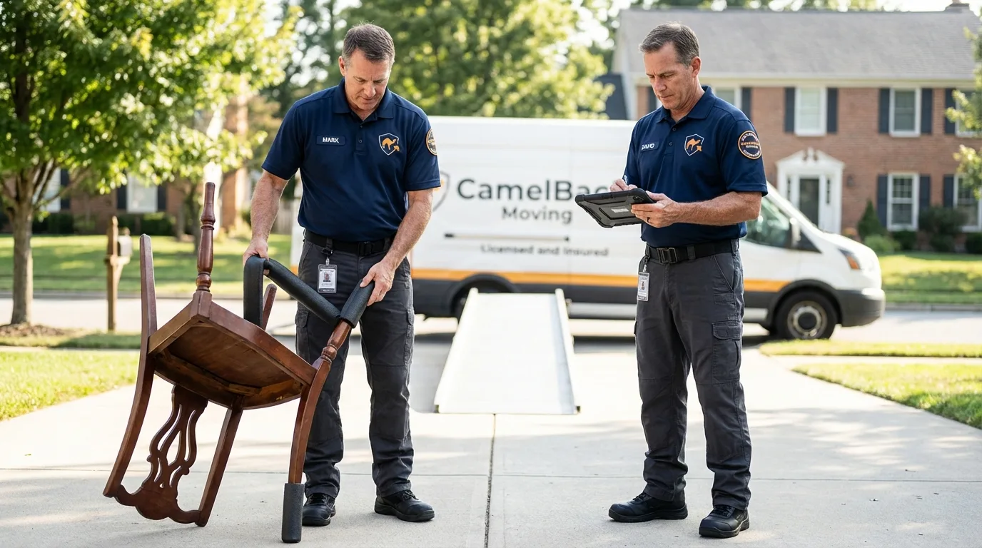 Movers inspecting furniture for damage prevention before loading in Vernon, TX